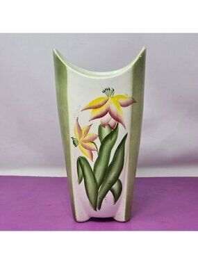 Vintage Enesco Japan Ceramic Vase Green Hand Painted Floral Mid Century